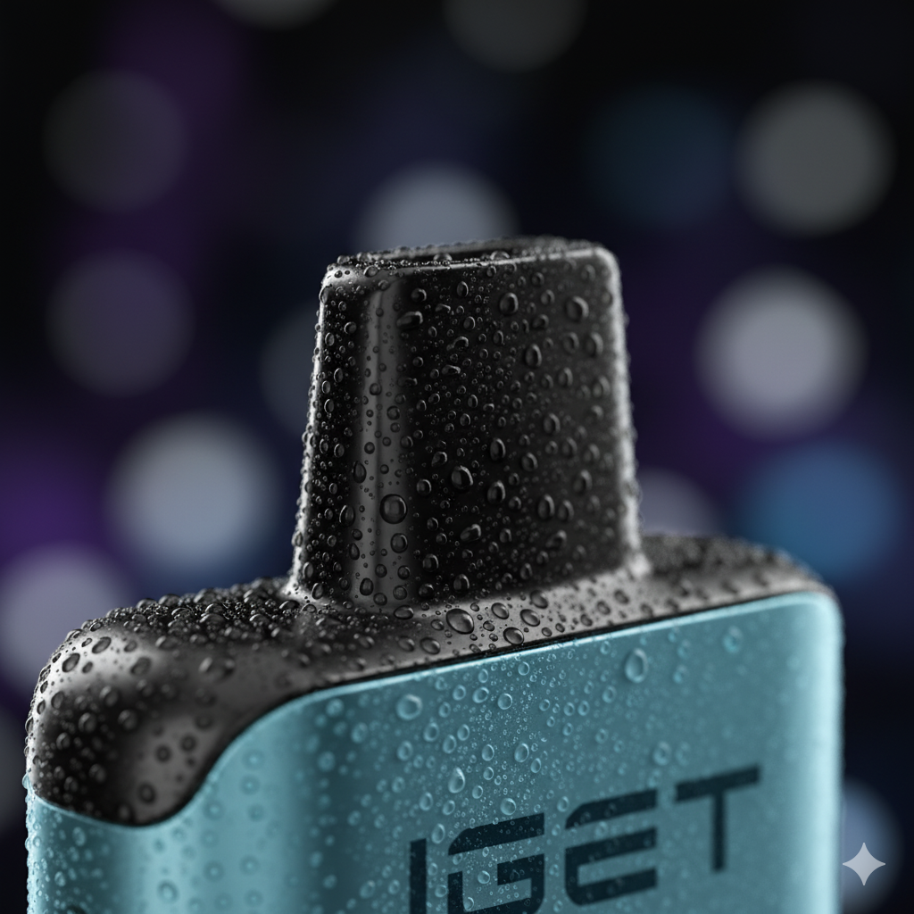 An angled shot of the IGET One device, focusing on the curved colour LED screen displaying the battery and e-liquid levels.