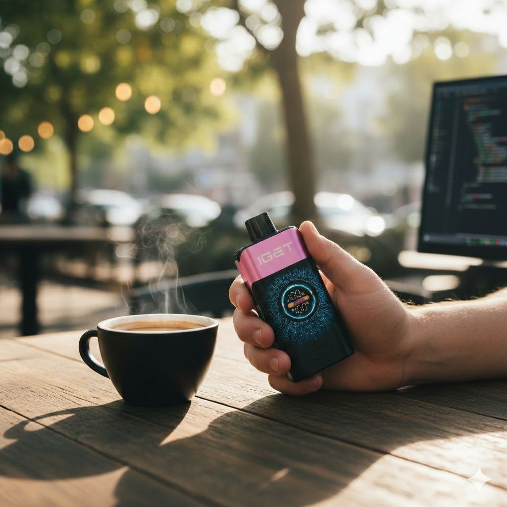 The IGET One Blackberry Ice vape held in a hand, resting on a timber cafe table next to a black coffee in Melbourne. 