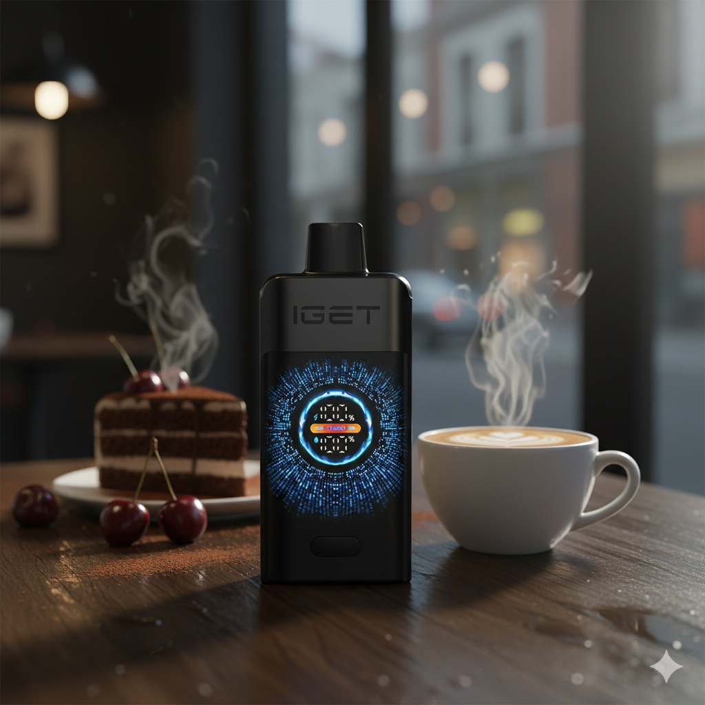 Black Forest flavour profile showing dark cherry, cocoa, and creamy dessert notes in the IGET ONE vape