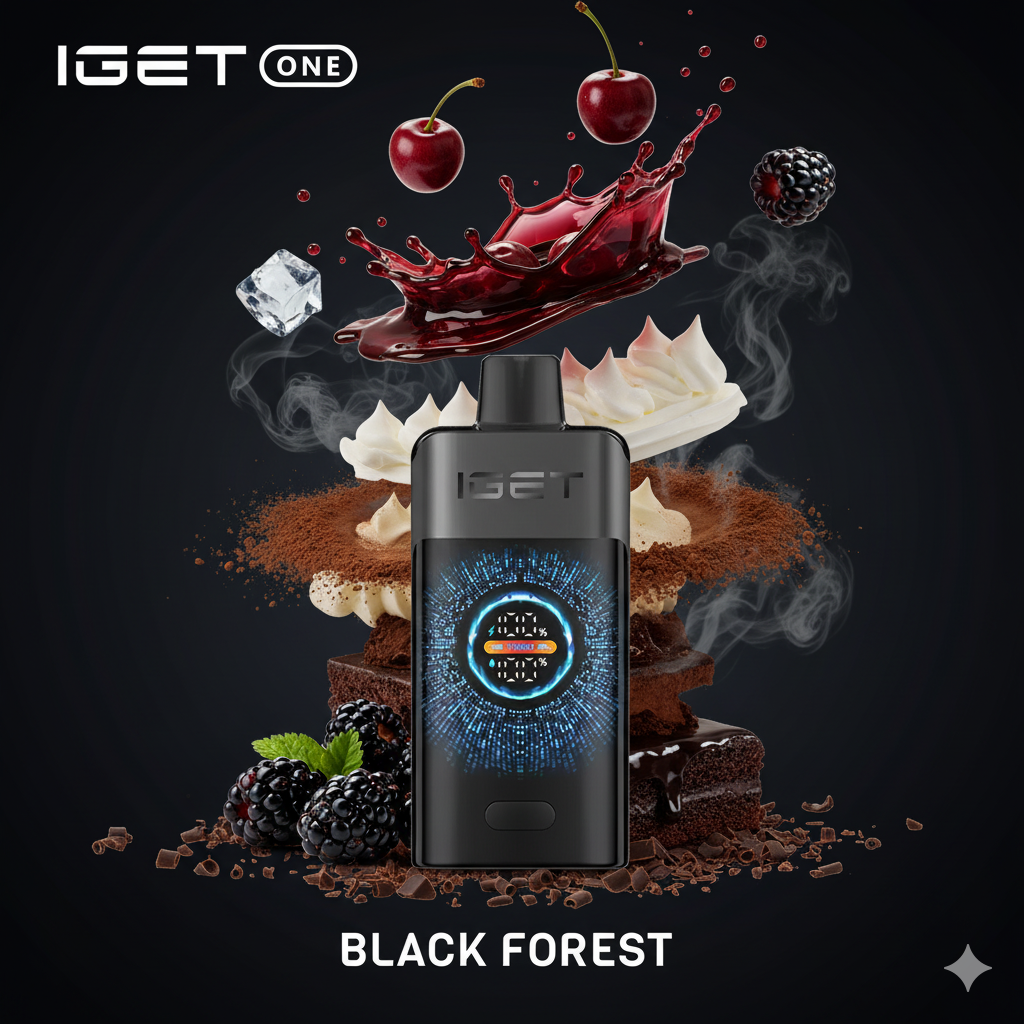 IGET ONE 12000 Black Forest disposable vape beside a coffee on a Melbourne cafe table