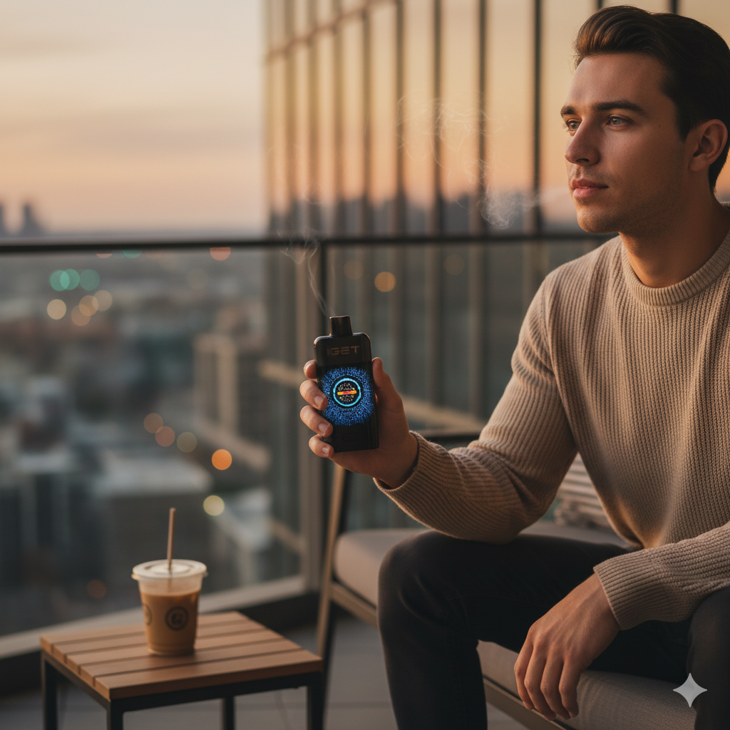 Person vaping the IGET ONE Black Forest on an apartment balcony during an Australian evening