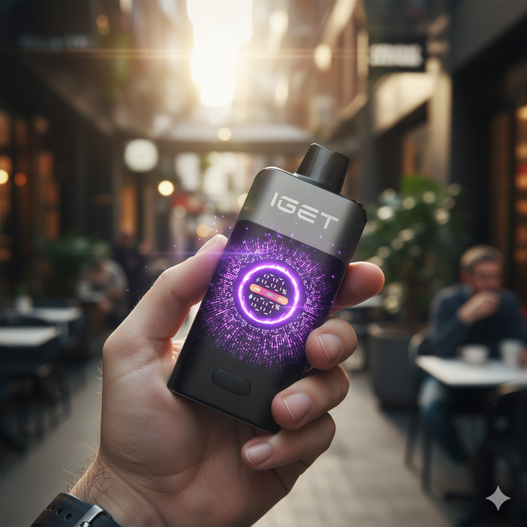 IGET ONE Blackberry Cherry Pomegranate vape held outdoors in a Sydney laneway with the curved colour screen illuminated