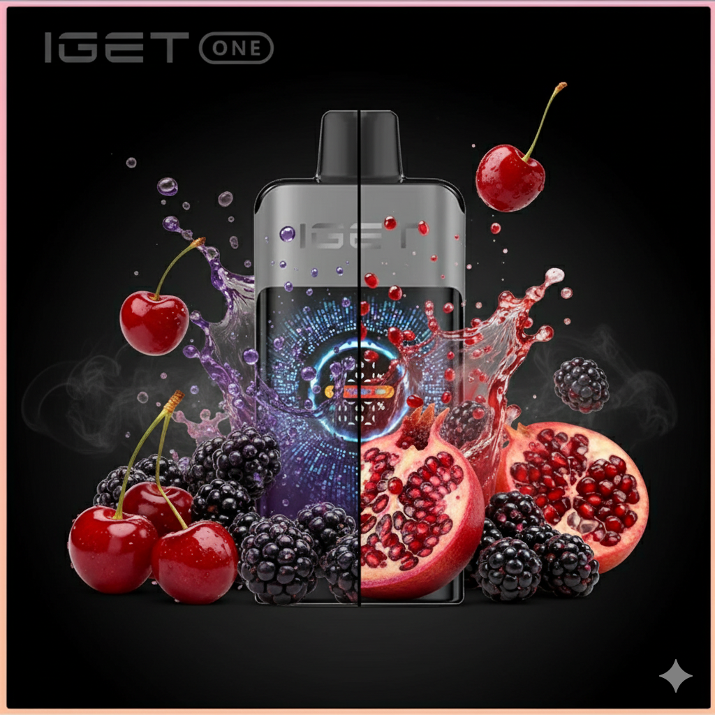 Close-up flavour breakdown graphic showing blackberry sweetness, candied cherry, and tart pomegranate notes inside the IGET ONE vape