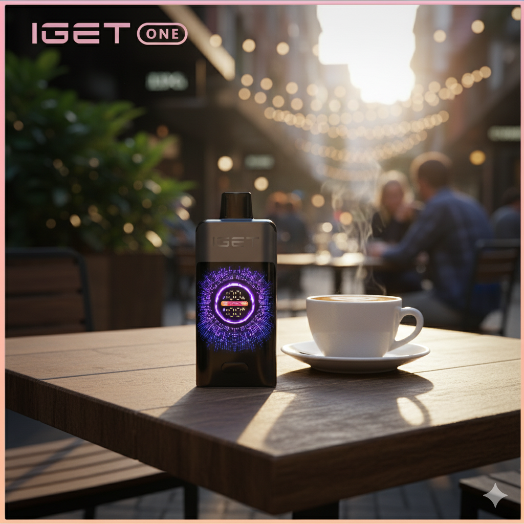 IGET ONE Blackberry Cherry Pomegranate disposable vape placed beside a flat white coffee at an Australian café table