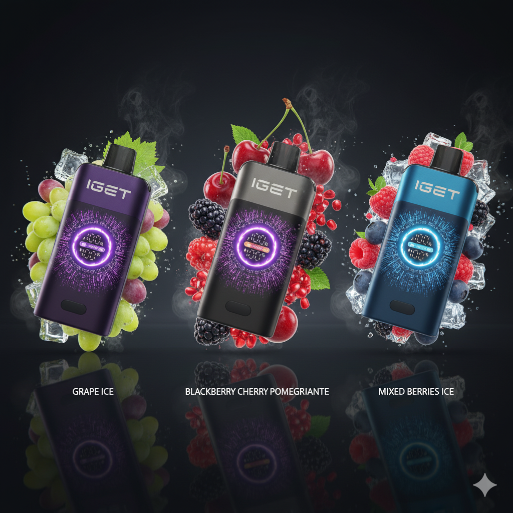 IGET ONE Blackberry Cherry Pomegranate next to IGET Grape Ice and Mixed Berries Ice showing flavour profile differences