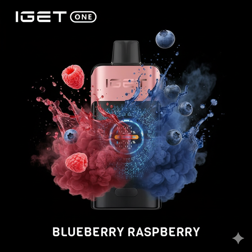 A flavour profile graphic showing tart raspberry inhale and sweet blueberry exhale for the IGET ONE 12000.