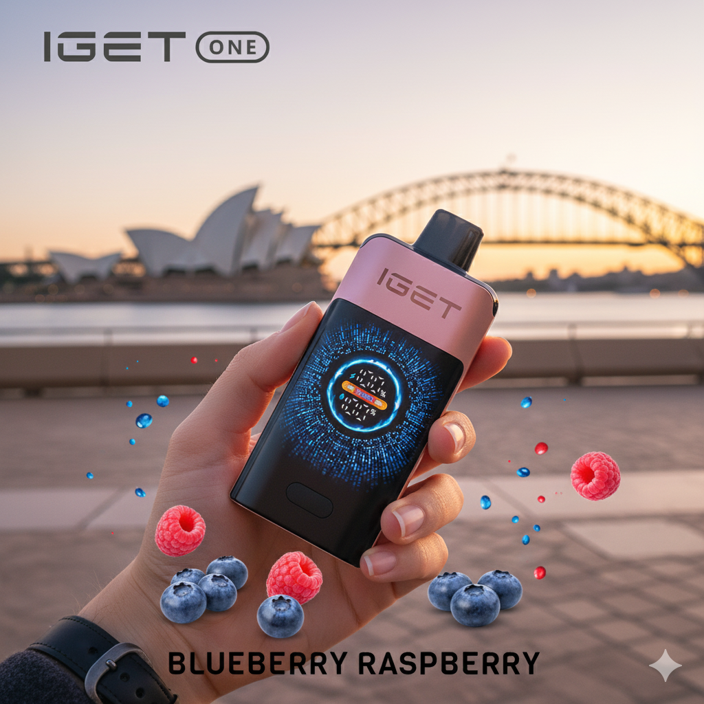 A person holding the IGET ONE Blueberry Raspberry vape beside Sydney Harbour during sunny afternoon lighting.