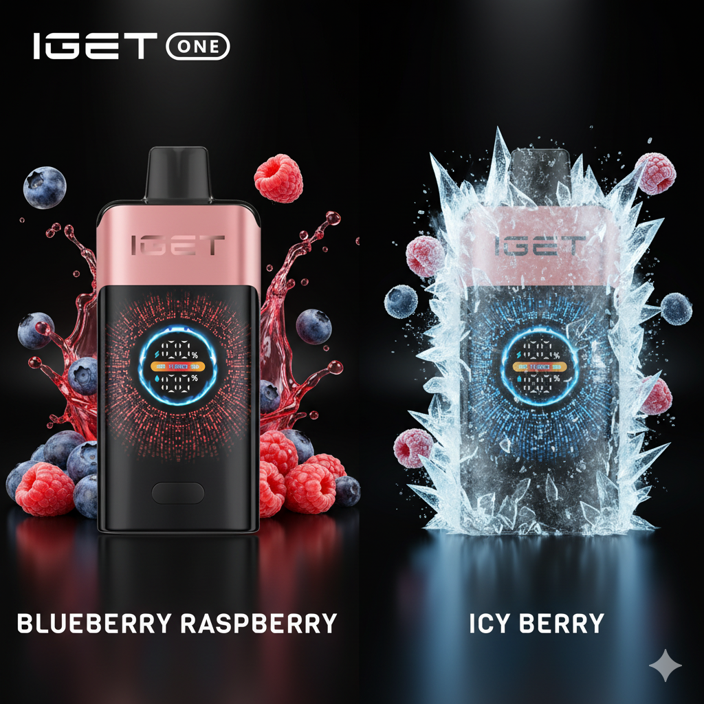 The IGET ONE Blueberry Raspberry sitting beside an iced oat latte on a Melbourne café table.