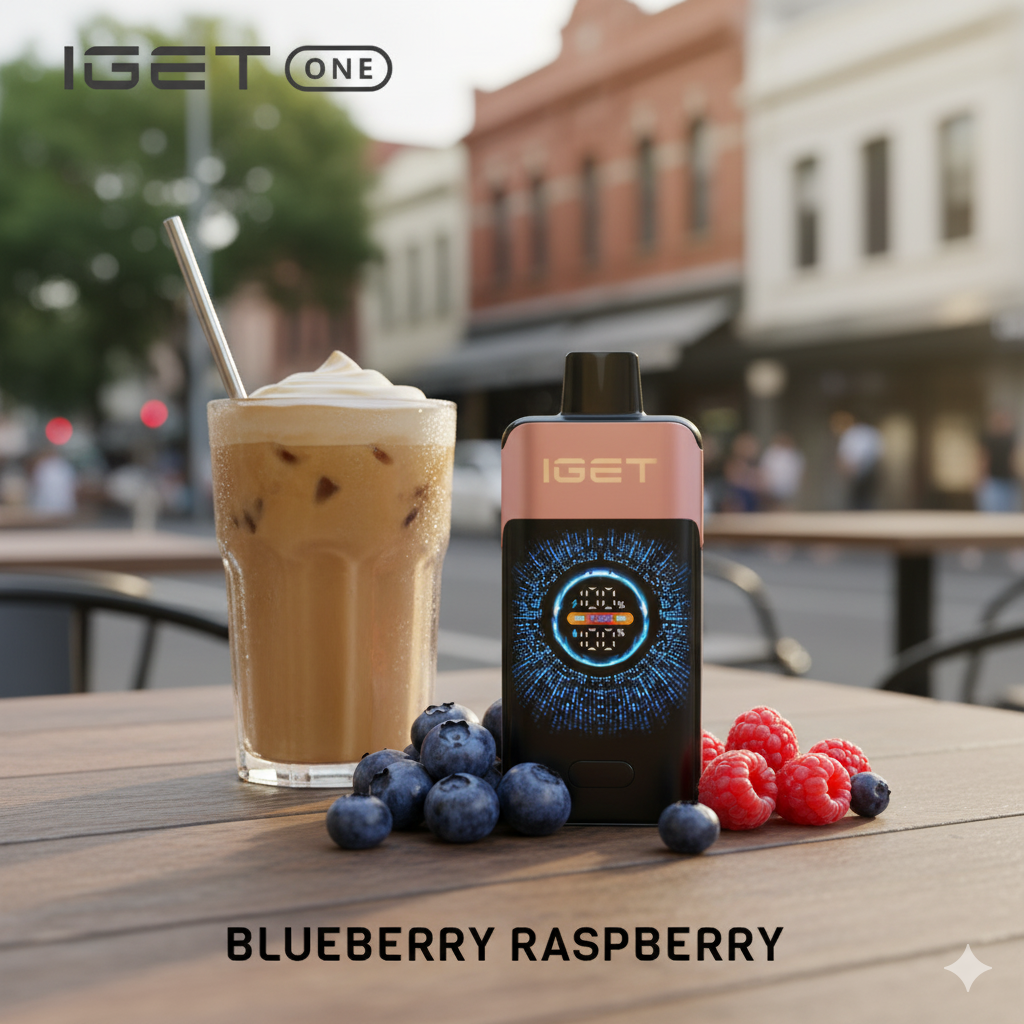 The IGET ONE Blueberry Raspberry sitting beside an iced oat latte on a Melbourne café table.