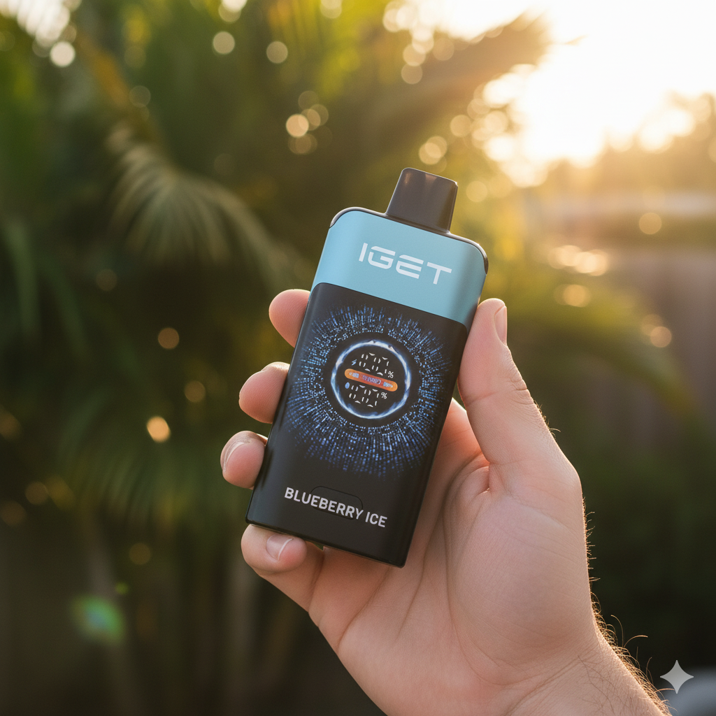 IGET ONE Blueberry Ice disposable vape held in hand with a soft-focus Australian backyard background.