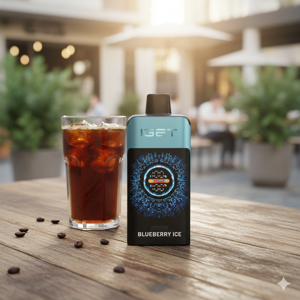 IGET ONE Blueberry Ice vape resting on an outdoor Melbourne cafe table next to a cold beverage.