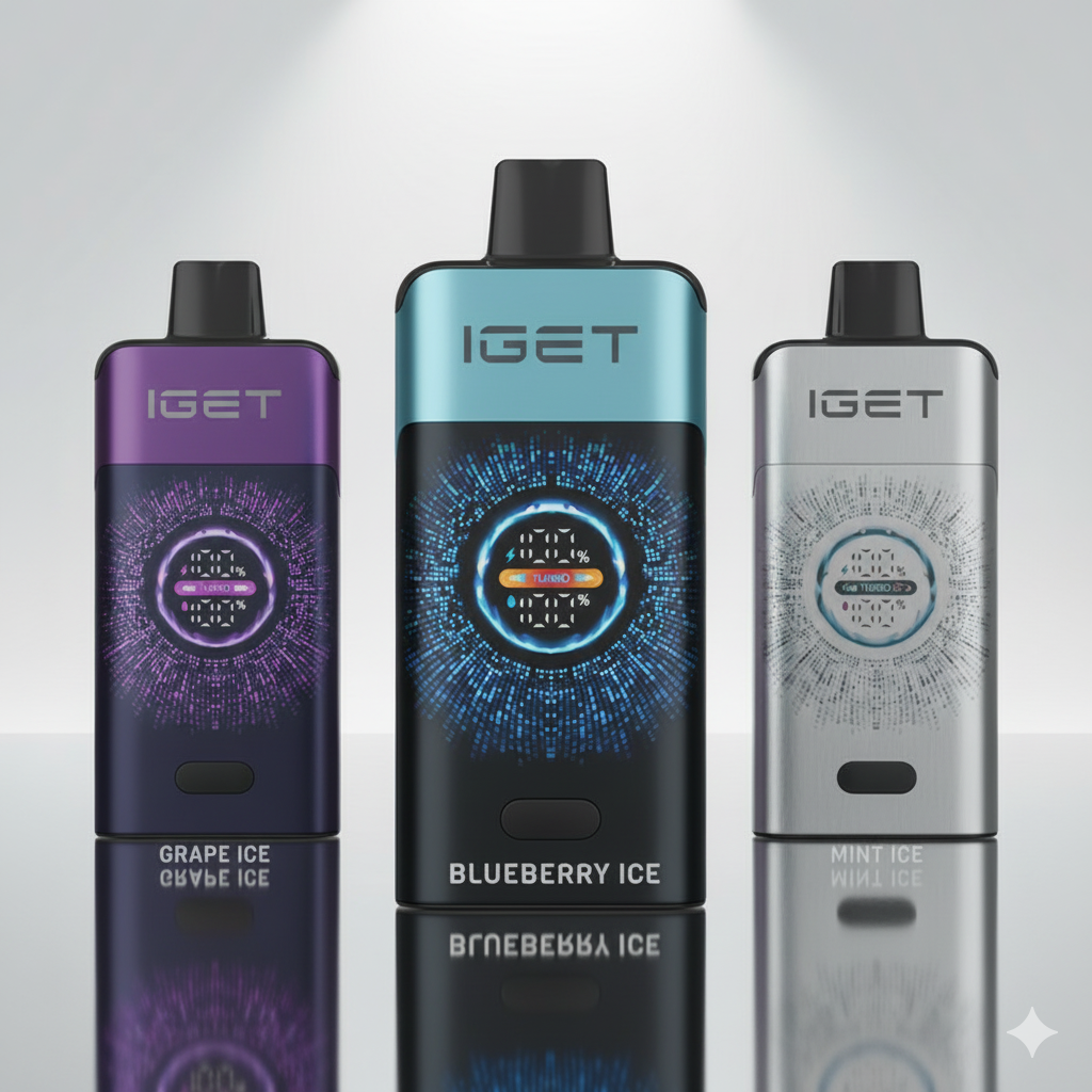 ide-by-side comparison of IGET ONE Blueberry Ice, IGET Bar, and HQD vape showing size and finish differences.