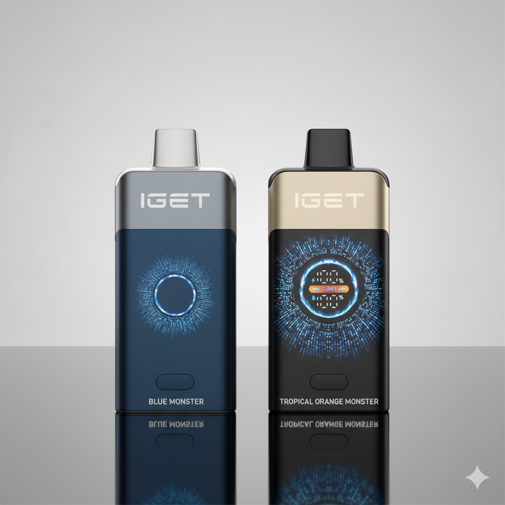 The IGET ONE Tropical Orange Monster placed next to the IGET ONE Blue Monster and a standard Grape Ice vape to compare their colour schemes and flavour concepts.