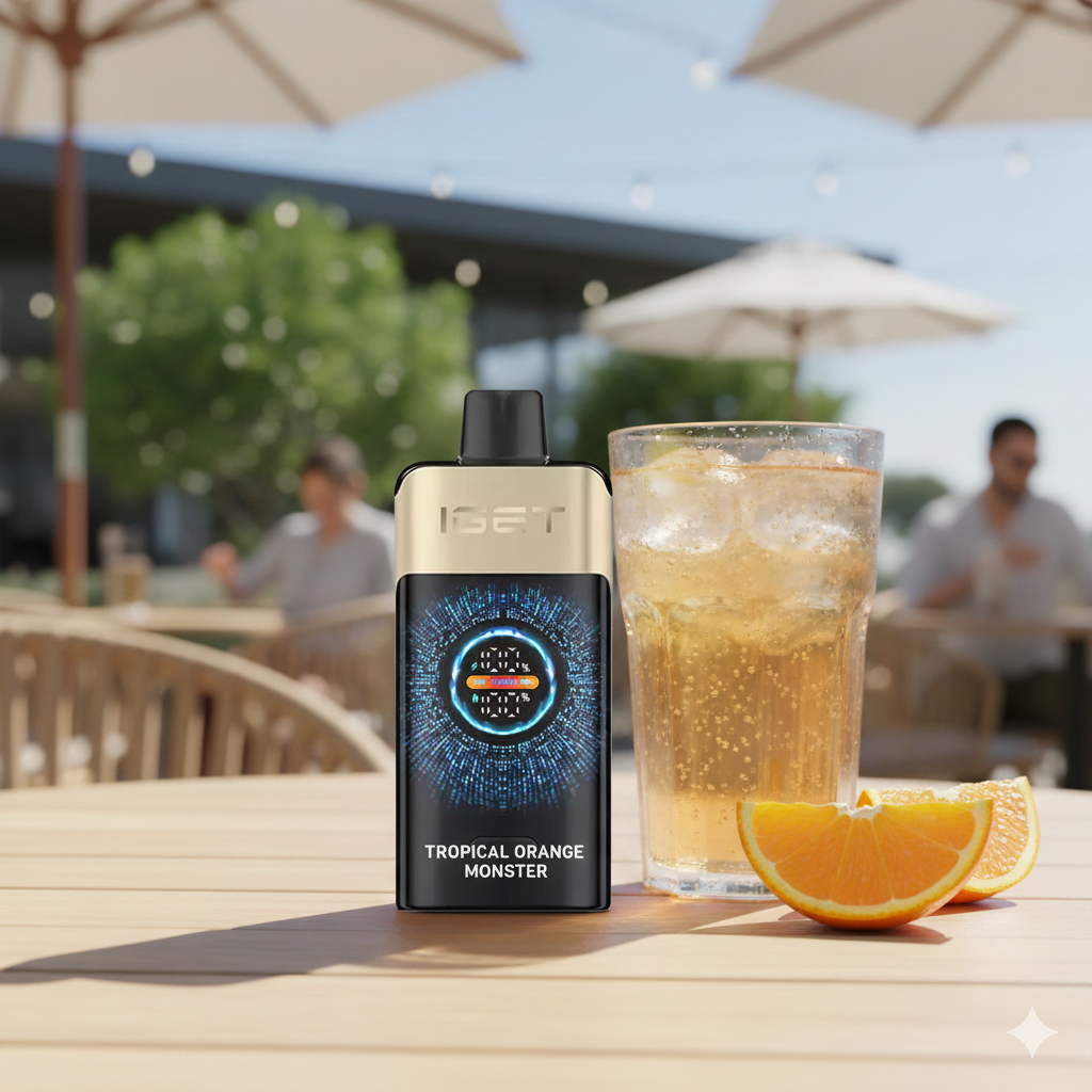 The IGET One Tropical Orange Monster vape sitting on a cafe table in Melbourne next to an iced coffee.