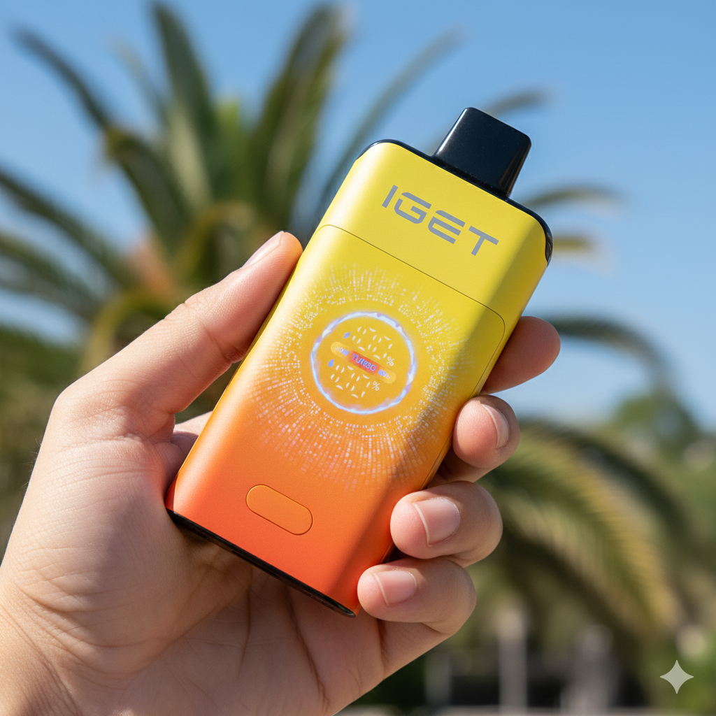 An infographic showing flavour notes of zesty orange, tangy energy drink, and a subtle tropical undertone for the IGET One Tropical Orange Monster review.