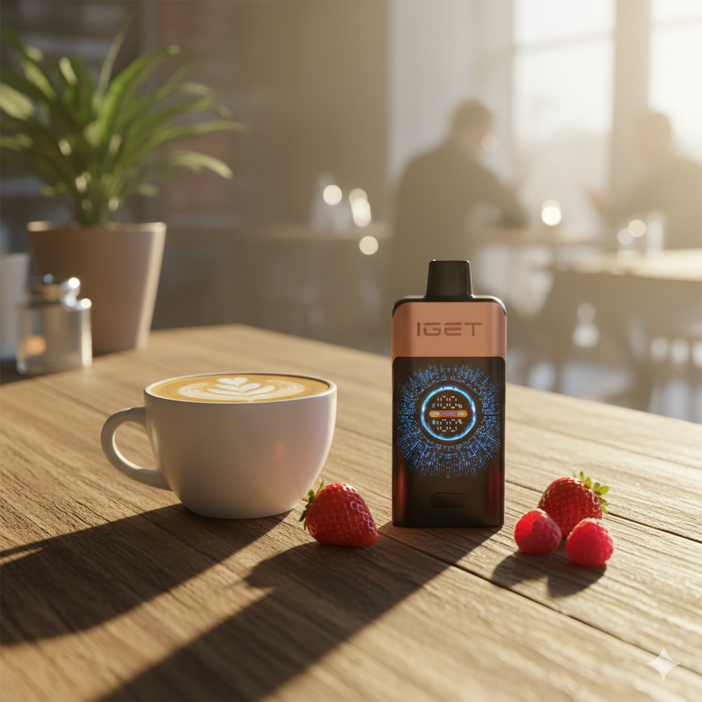 An elegant infographic illustrating the IGET One device alongside fresh strawberries and tangy raspberries, indicating high sweetness and zero cooling.