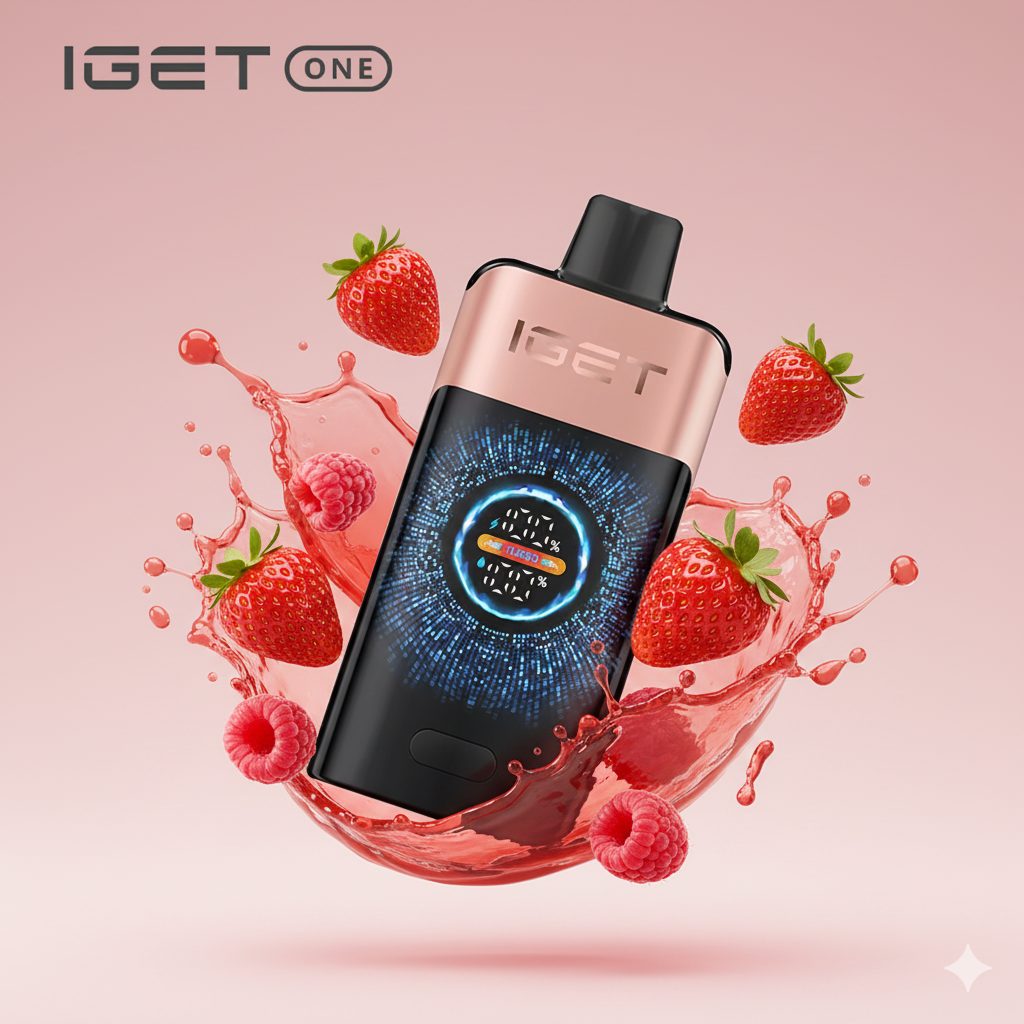 The sleek IGET One Strawberry Raspberry device placed next to a cup of coffee on a Melbourne café table, showcasing its real-world size and design.