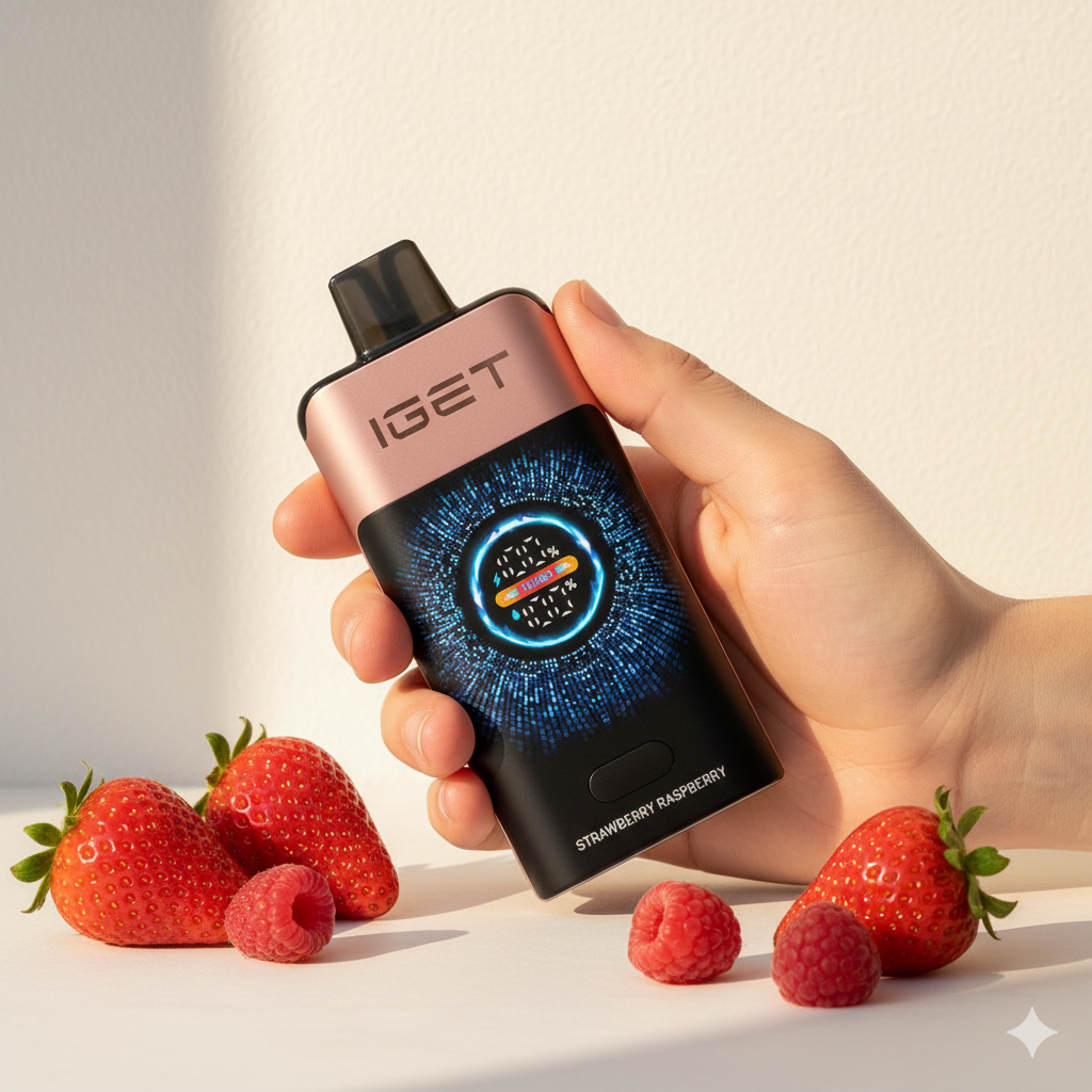 A premium close-up of the IGET One 12000 Strawberry Raspberry vape held in-hand, set against a clean, modern Australian backdrop.