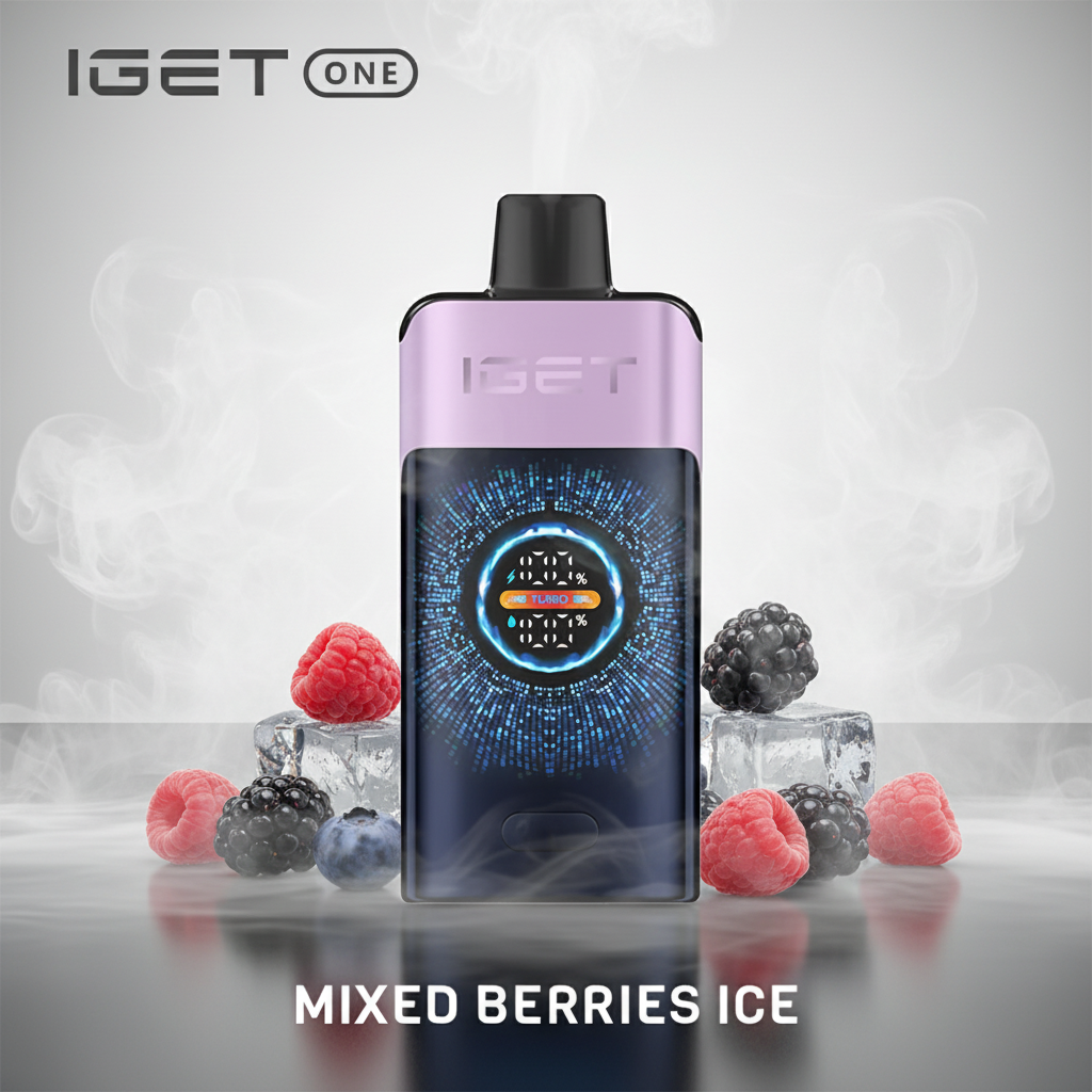 An infographic showing icons for blueberry, raspberry, and blackberry with a large snowflake icon, illustrating the flavour profile of the IGET ONE Mixed Berries Ice.