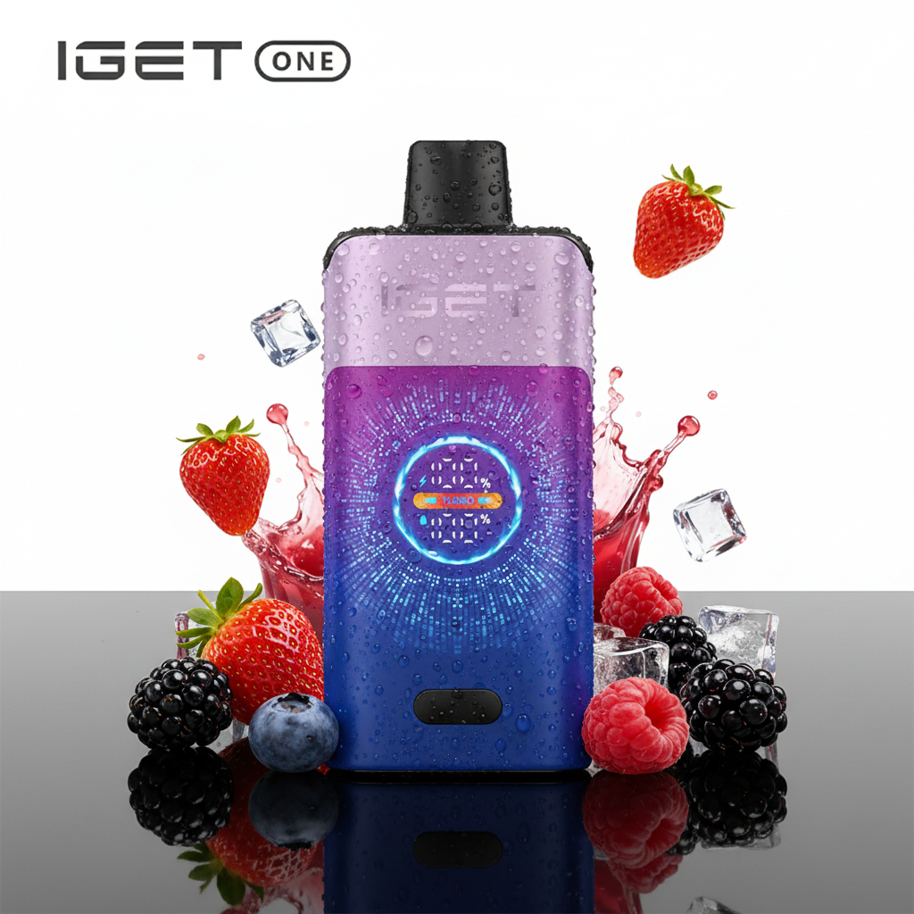 A close-up of the IGET ONE Mixed Berries Ice vape, showing its purple and blue gradient design, with condensation on the device to highlight the "ice" flavour.
