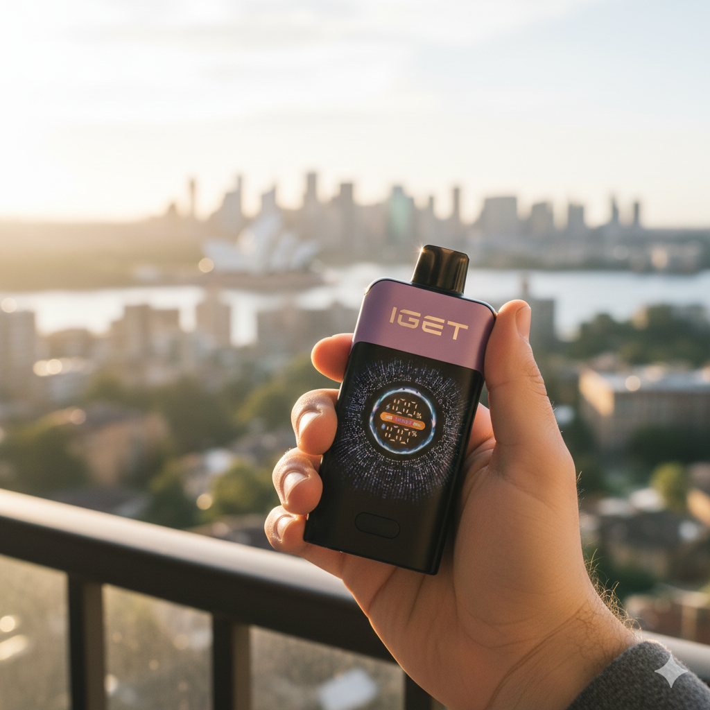 Someone holding the IGET ONE Mixed Berries Ice vape on a sunny balcony in an Australian city like Melbourne or Sydney, casually vaping.