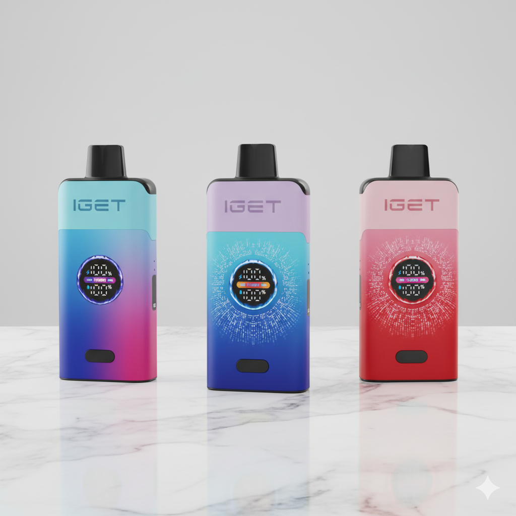 The IGET ONE Mixed Berries Ice placed next to the IGET ONE Blueberry Raspberry and Strawberry Pomegranate Ice vapes, showing the different colour schemes.