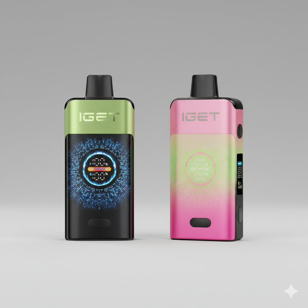 A side-by-side product comparison of the IGET ONE Strawberry Kiwi Ice and the IGET Strawberry Watermelon Ice, showcasing the distinct device colours.