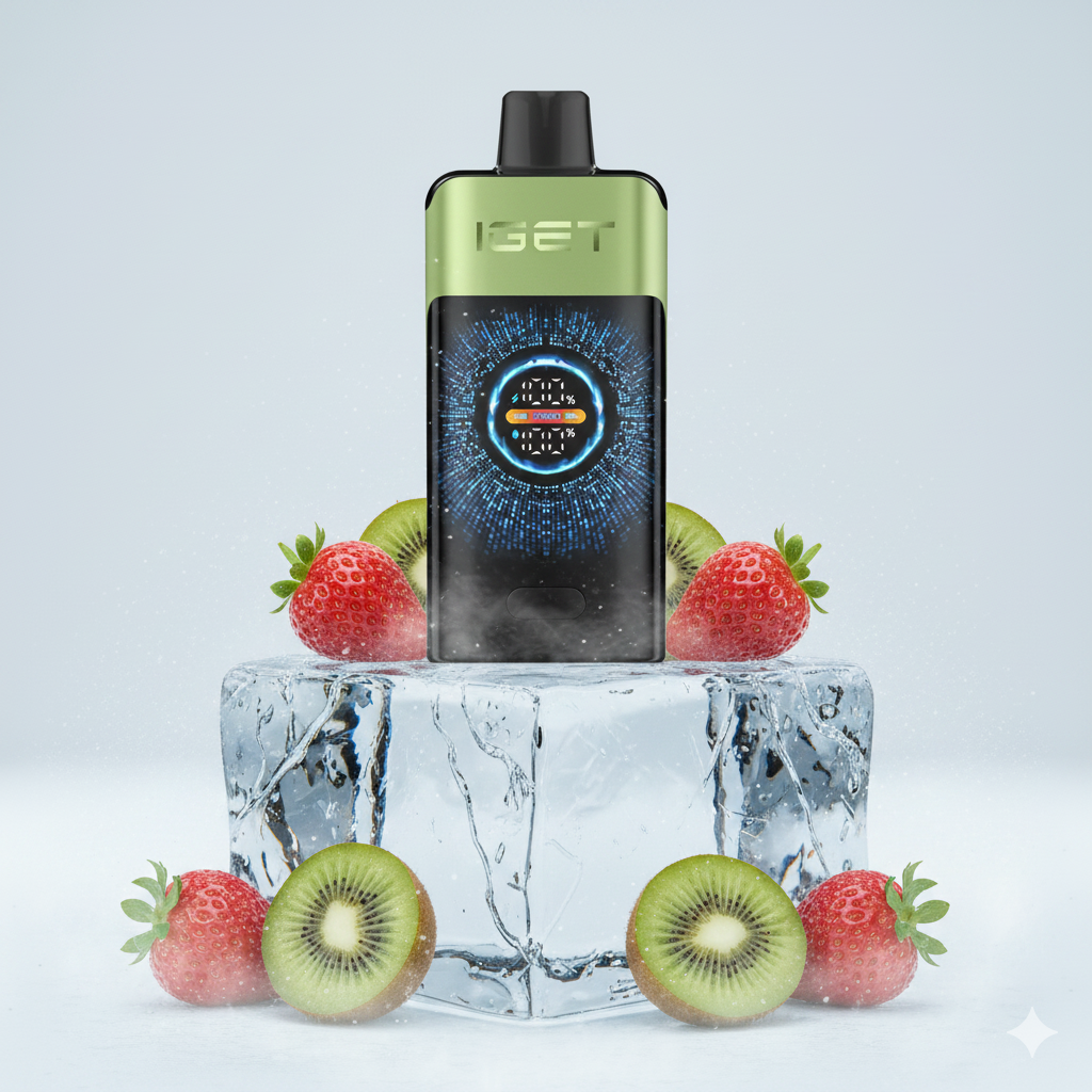 An infographic demonstrating the flavour profile of the IGET ONE Strawberry Kiwi Ice, highlighting dominant sweet strawberry notes, subtle kiwi undertones, and a moderate ice sensation.