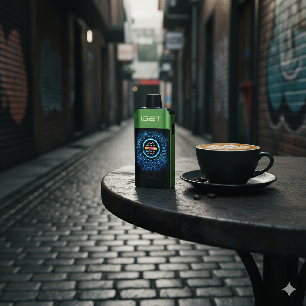 The stylish IGET ONE disposable vape resting on a sleek metal café table in a Melbourne laneway next to a flat white coffee.