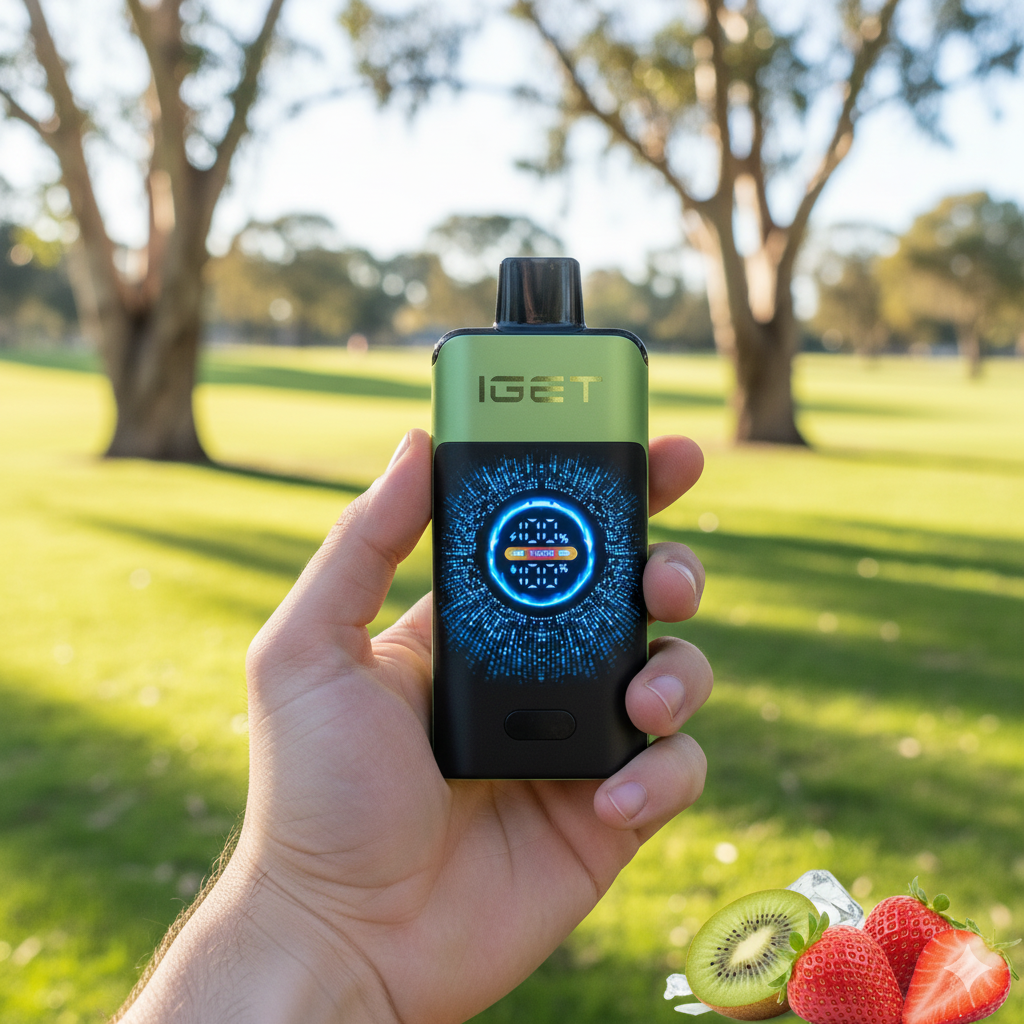 A close-up of the IGET ONE Strawberry Kiwi Ice disposable vape held against a softly blurred Australian park setting.